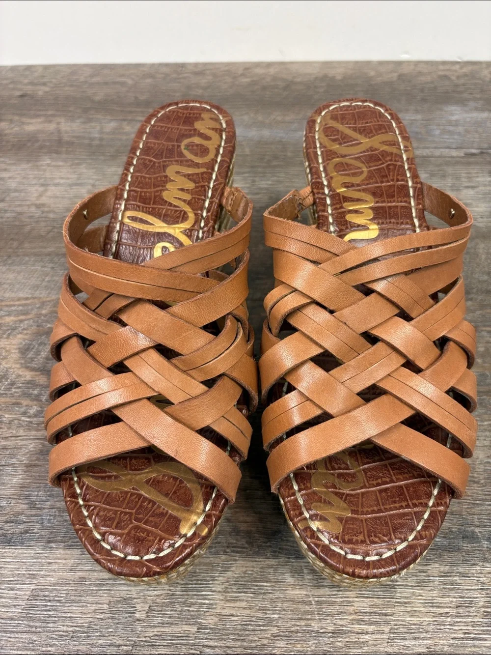 Sam Edelman Devon Brown Leather Strappy Platform Wedge Slide Sandals  Size 8